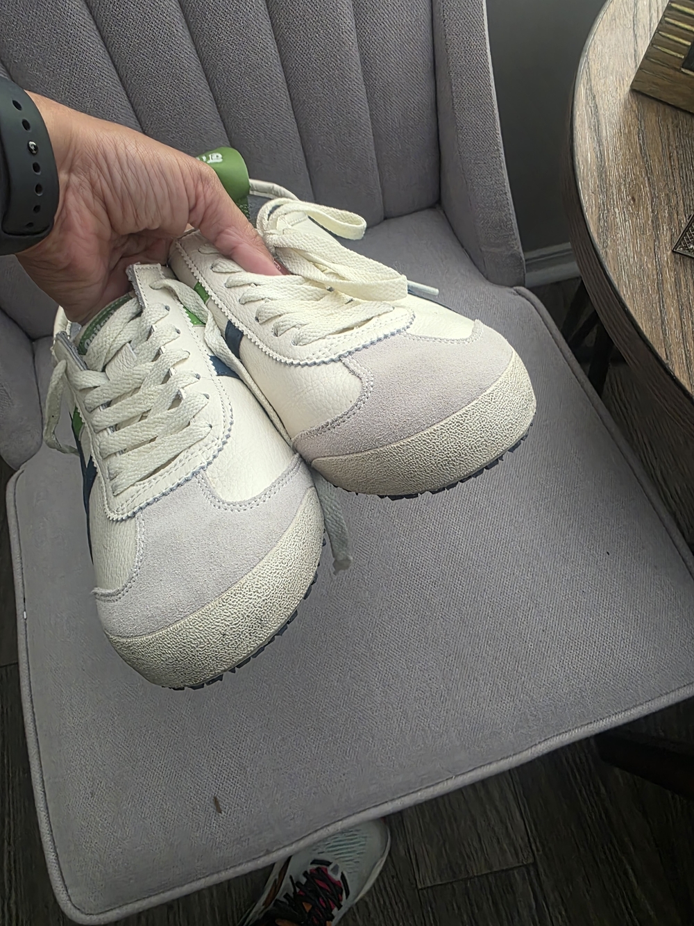 Onitsuka Tiger by Asics White Sneakers with Navy & Green Stripes Used, Size 9.5. - Picture 11 of 13